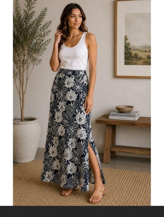 Talbots Dresses & Skirts - Talbots Women's Navy White Floral Maxi Skirt Slit Style Sz M Casual Church Wear
